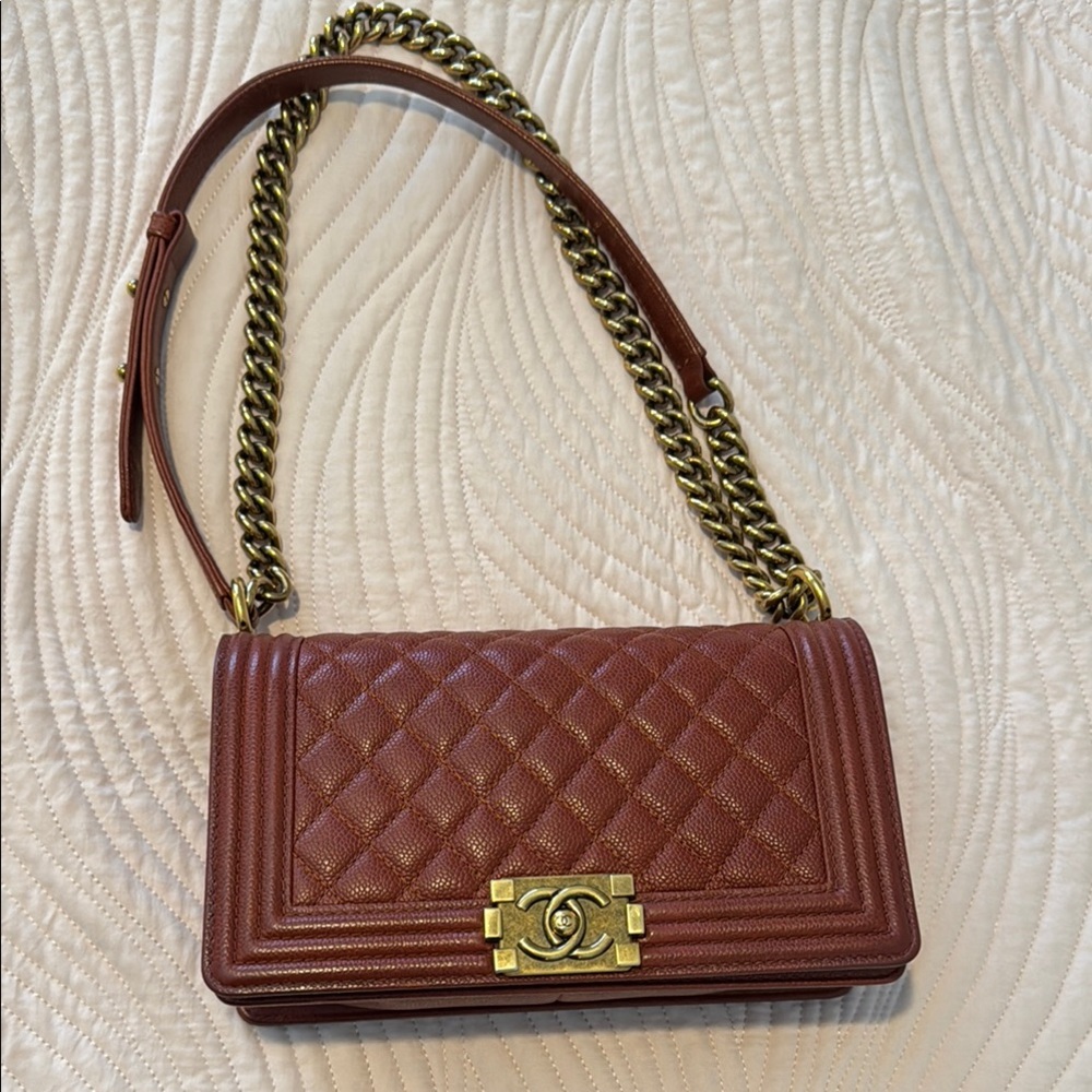 CHANEL Brown (burned orange) and Antique Gold Medium Boy Bad Bag - Picture 3 of 17